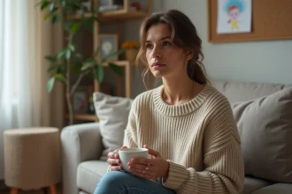 Mère bipolaire assise dans son salon tenant une tasse de thé, regard introspectif, environnement domestique calme et chaleureux