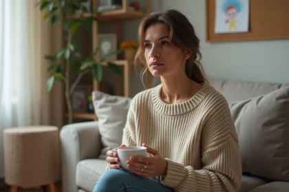 Mère bipolaire assise dans son salon tenant une tasse de thé, regard introspectif, environnement domestique calme et chaleureux