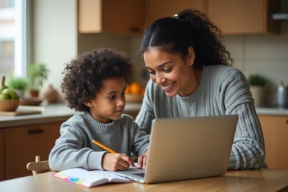 Mère aidant son fils à consulter Educartable sur un ordinateur portable dans une cuisine familiale chaleureuse