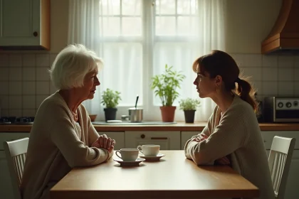 Mère et fille adulte en tension lors d'une conversation difficile à table dans une cuisine familiale