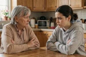 Mère d'une cinquantaine d'années à l'expression blessée face à sa fille adulte aux bras croisés lors d'une conversation tendue dans une cuisine familiale
