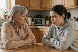 Mère d'une cinquantaine d'années à l'expression blessée face à sa fille adulte aux bras croisés lors d'une conversation tendue dans une cuisine familiale