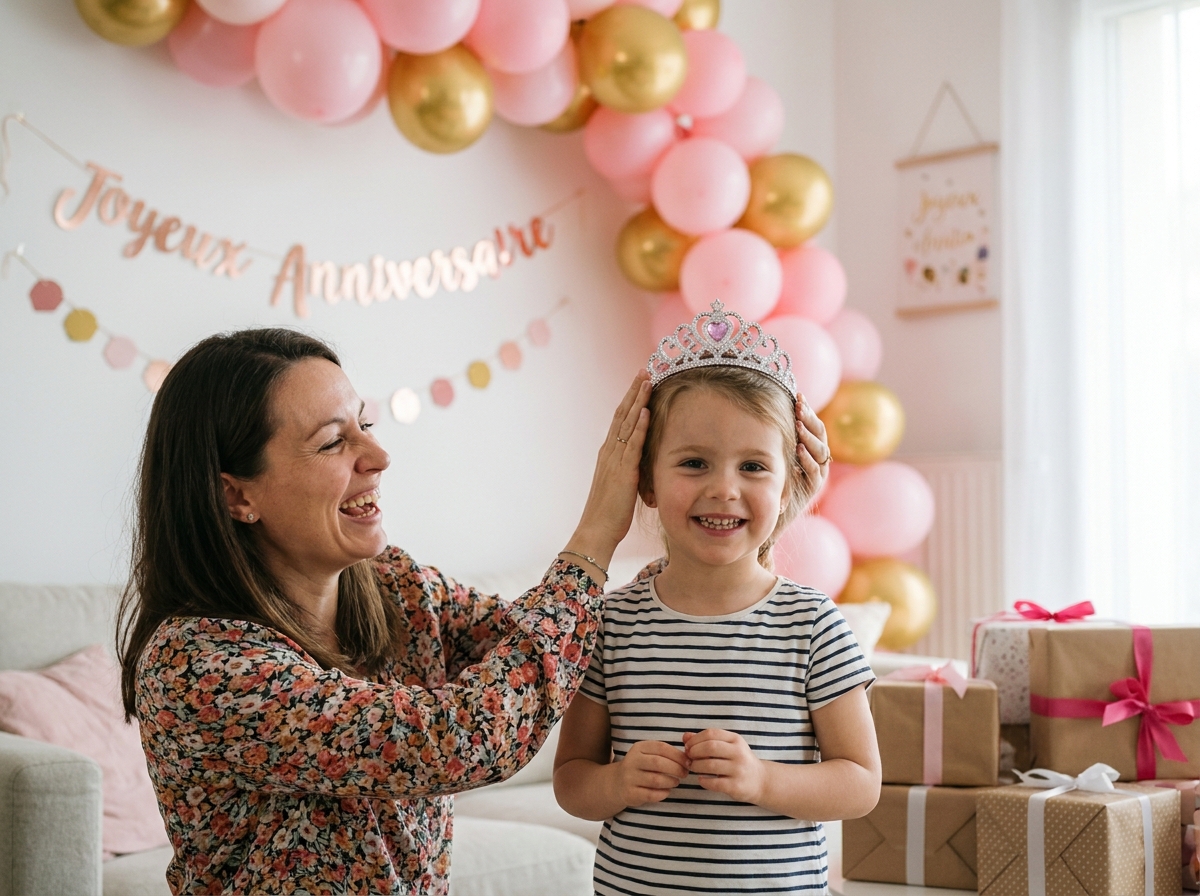 Mère et fille partageant un moment complice lors d'un anniversaire thème princesse avec décorations festives