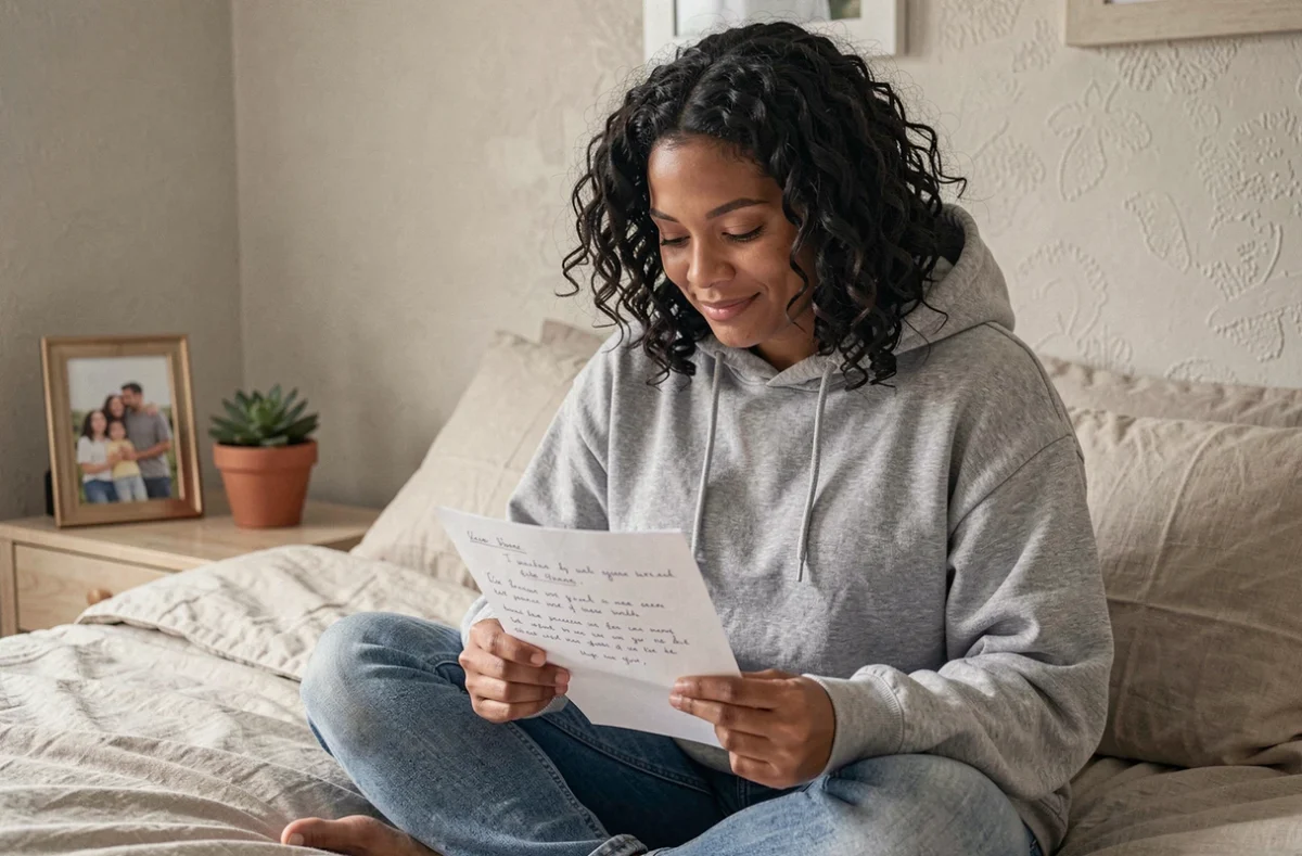 Jeune mère lisant une lettre émouvante sur son lit, symbole de l'amour maternel et de la résilience
