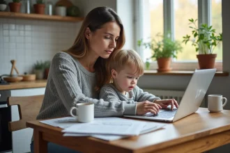 Mère solo concentrée sur son ordinateur portable pour gérer ses aides CAF avec son enfant à ses côtés