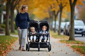 Mère souriante poussant une triple poussette tandem sur un trottoir de banlieue en automne avec trois jeunes enfants