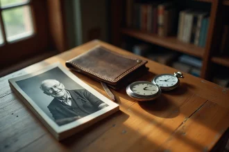 Objets personnels d'un grand-père décédé disposés sur une table en bois, portefeuille usé, montre de poche et ancienne photographie en noir et blanc