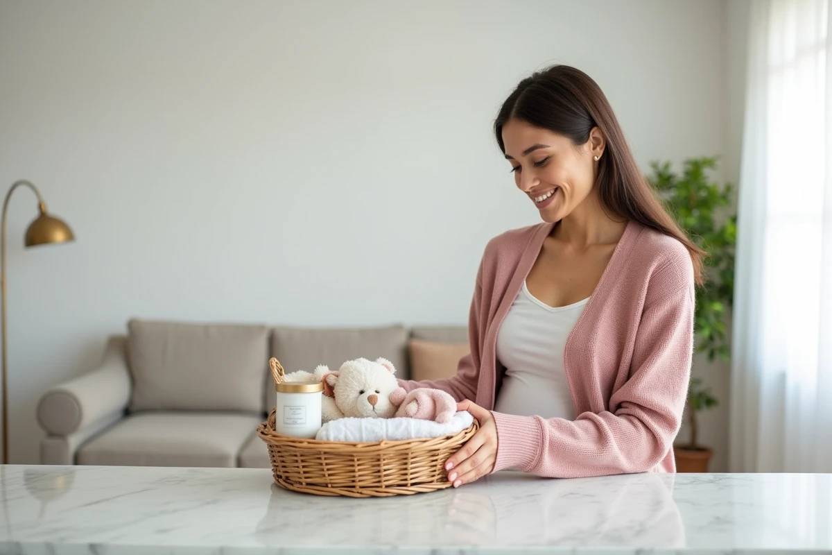 Jeune femme préparant un panier cadeau de naissance de dernière minute avec une couverture et une peluche sur un plan de travail en marbre