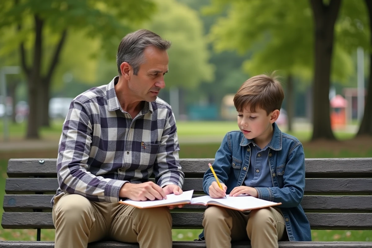 Père aidant son enfant avec ses devoirs dans un parc en plein air