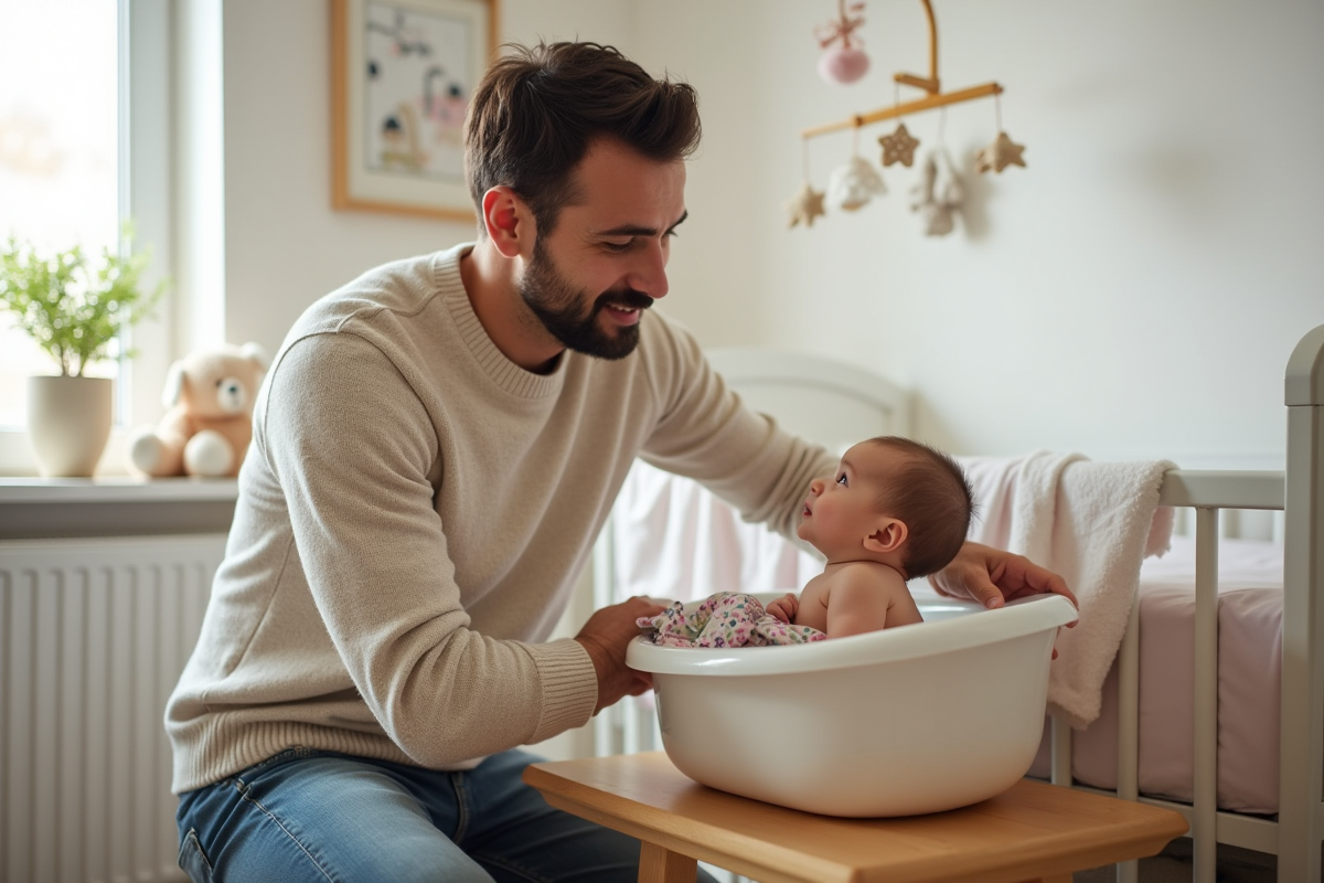 Père aidant sa fille lors de son premier bain dans une chambre moderne
