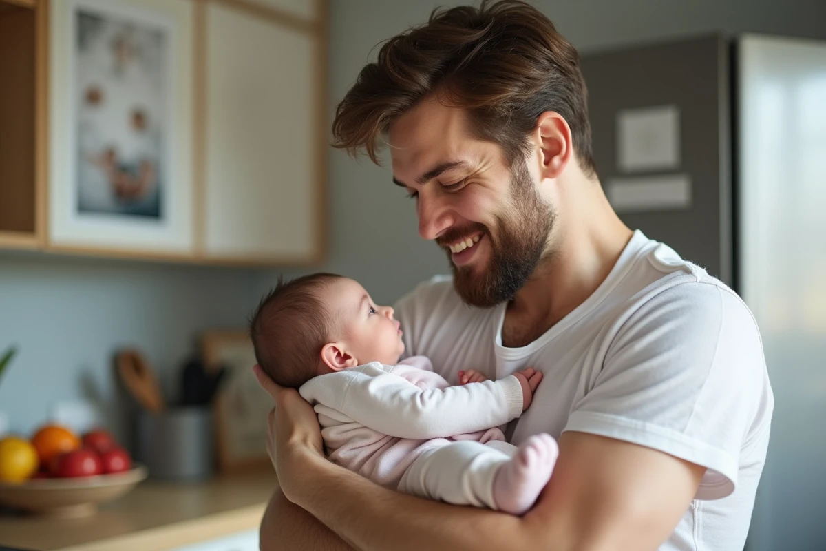 Père tenant tendrement sa fille dans une cuisine lumineuse
