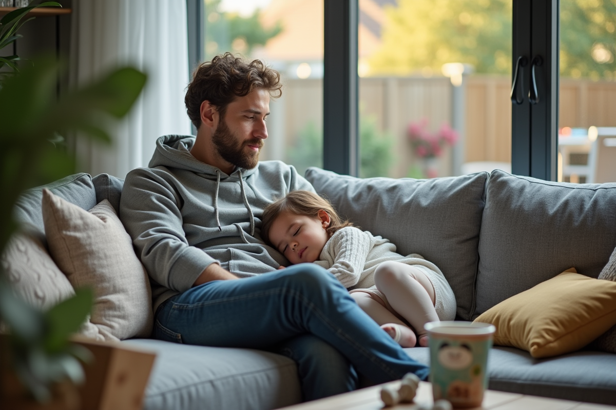 Père regardant sa fille dormir dans le salon familial