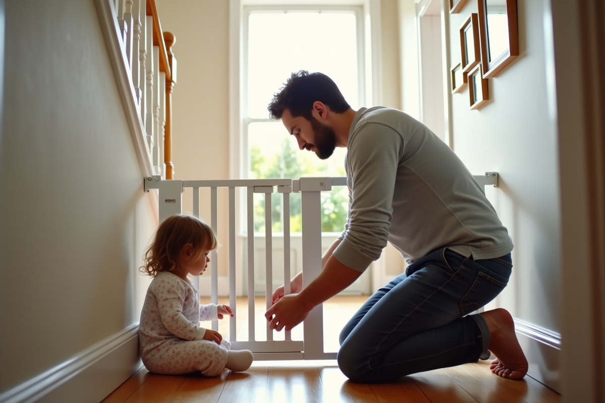 Papa fixe une barrière de sécurité pour enfant dans le couloir