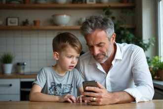 Père et fils regardant un smartphone dans la cuisine familiale