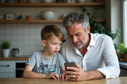 Père et fils regardant un smartphone dans la cuisine familiale