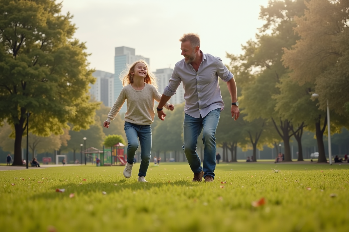 Père jouant avec sa fille dans un parc verdoyant