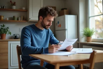 Jeune père lisant ses relevés de bénéfices à la maison