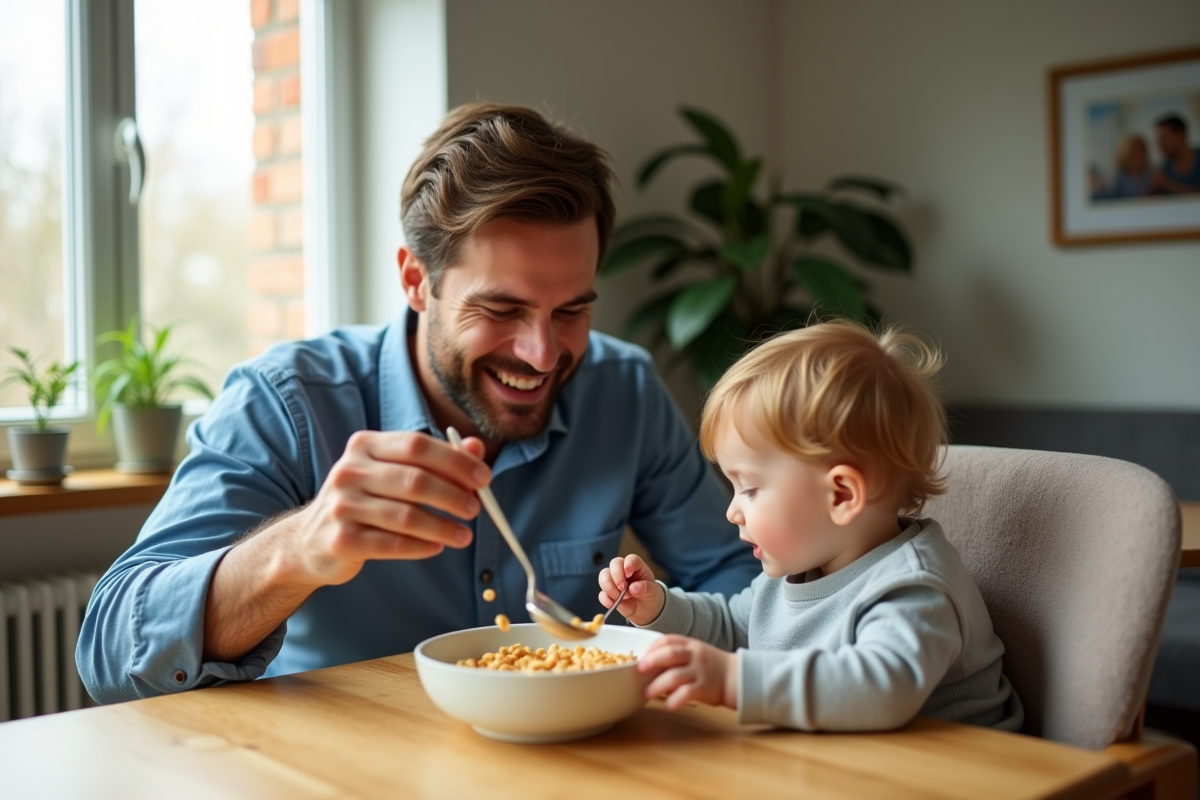 Pere jeune donnant a manger a son bebe dans une salle a manger lumineuse