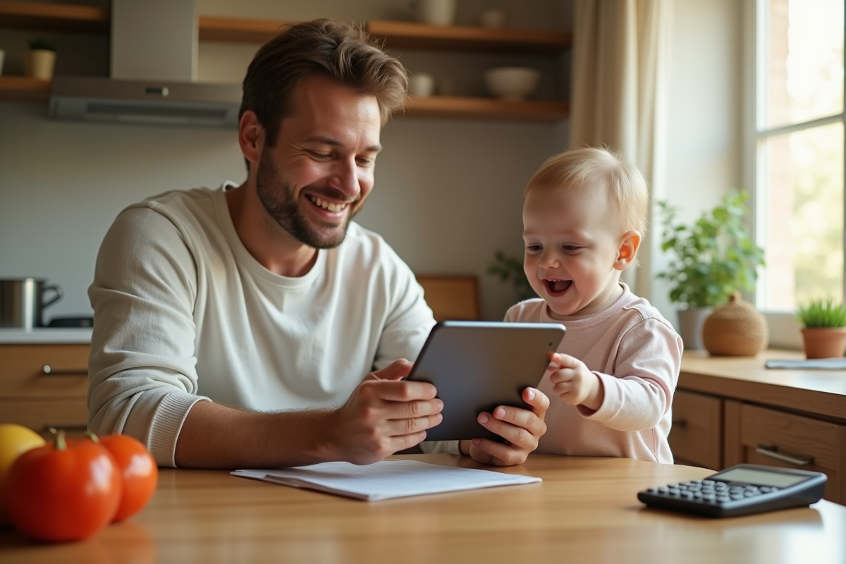 Pere vérifiant une recette bébé sur une tablette avec calculatrice