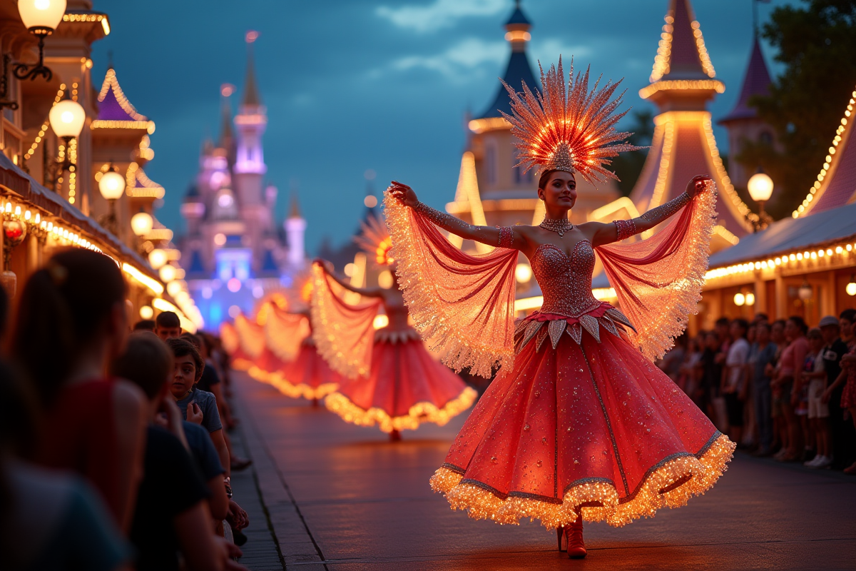 Défilé nocturne avec chars illuminés et artistes en costumes au parc