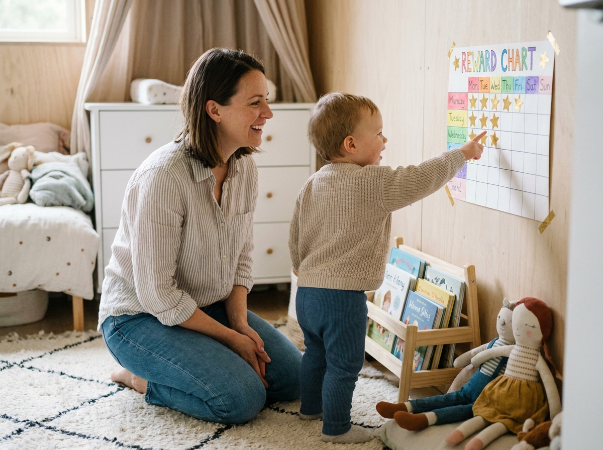 Mère encourageant son enfant devant un tableau de récompenses dans une chambre d'enfant chaleureuse
