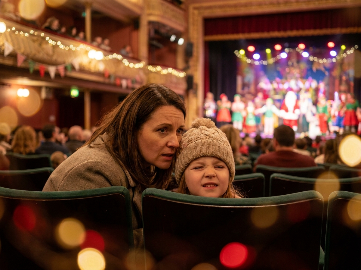Parent observant sa fille qui plisse les yeux lors d'un spectacle de Noël familial