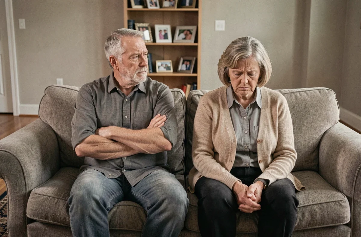 Couple de parents âgés assis sur un canapé avec un langage corporel fermé et distant, illustrant la tension et le rejet au sein d'une relation parent-enfant adulte