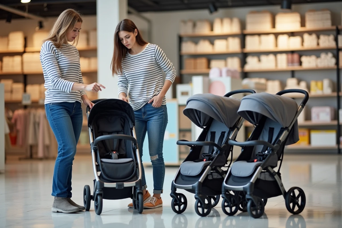 Deux parents comparant une triple poussette et deux poussettes individuelles dans un magasin de puériculture