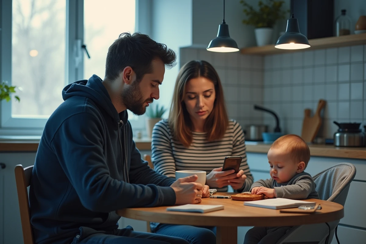 Couple de parents fatigués consultant leur téléphone tôt le matin autour d'un café avec bébé endormi