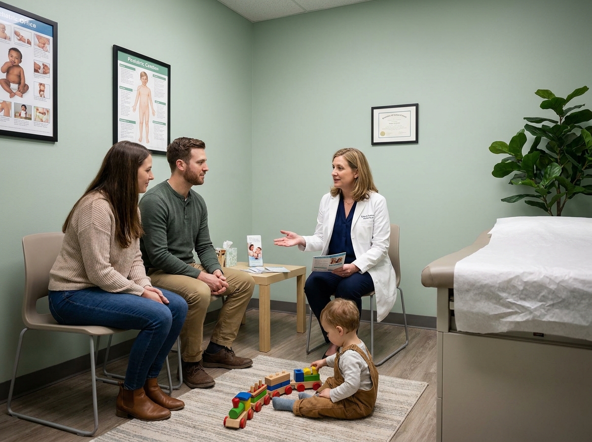 Pédiatre expliquant l'apprentissage de la propreté à de jeunes parents lors d'une consultation médicale