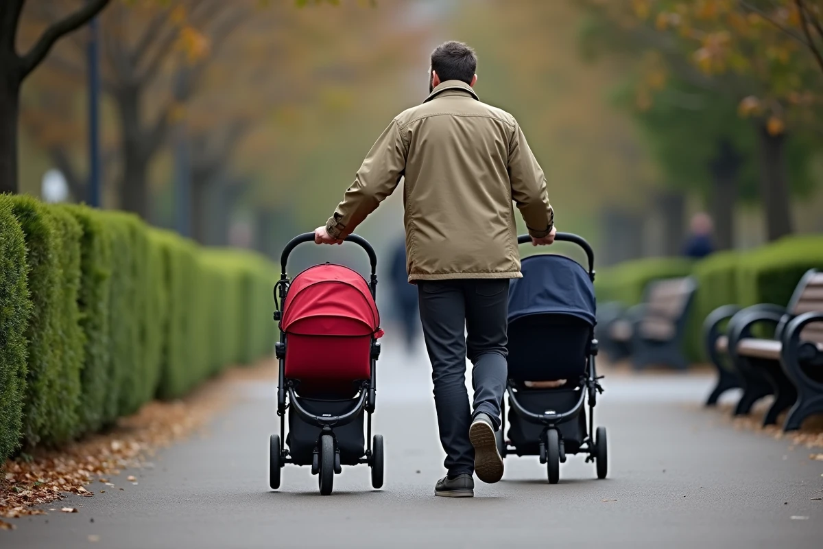 Père gérant deux poussettes séparées simultanément dans un parc urbain avec deux jeunes enfants