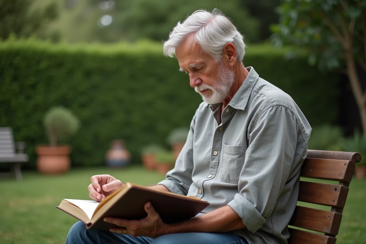 Homme posé lisant dans un jardin privé, symbole de vie familiale préservée loin des médias