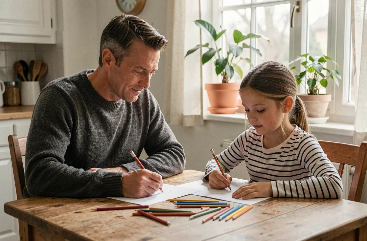 Père et fille dessinant ensemble à la table de la cuisine, illustrant un lien paternel préservé dans un contexte de séparation parentale
