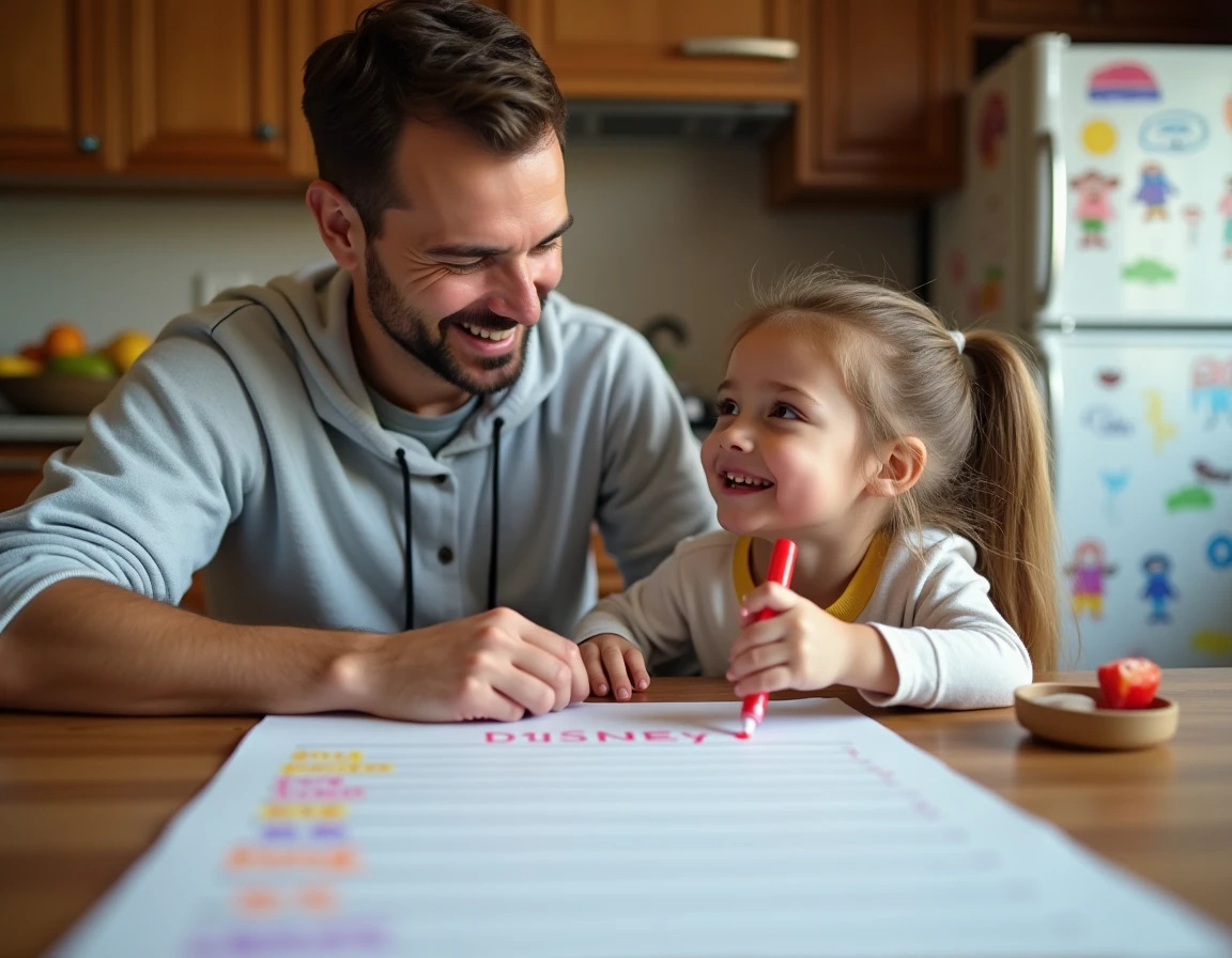 Papa et sa fille préparent une liste de films Disney à regarder dans l'ordre à la table de la cuisine