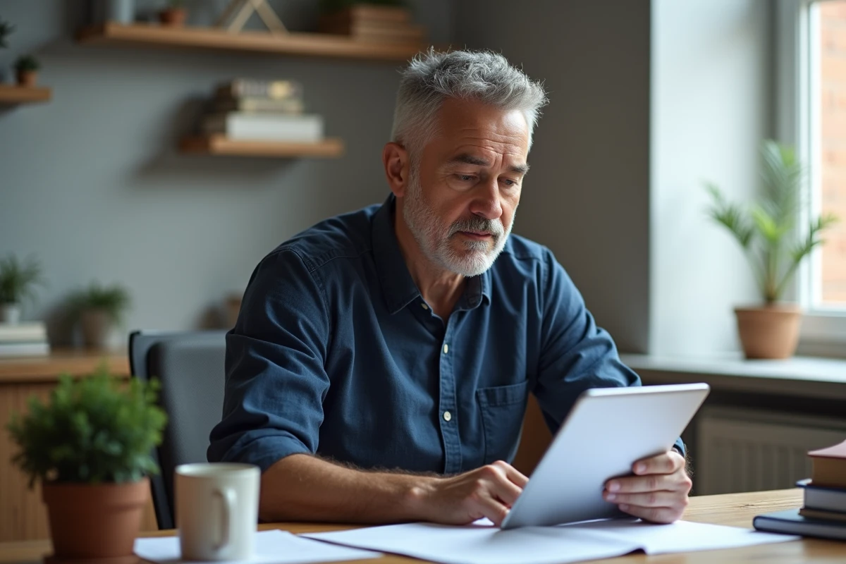 Père consultant le carnet de devoirs en ligne Educartable sur une tablette dans un bureau à domicile organisé