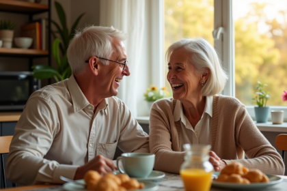 Couple d'âge moyen souriant au petit déjeuner lumineux