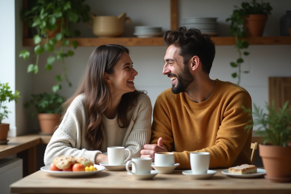 Couple discutant autour d un petit déjeuner à la maison