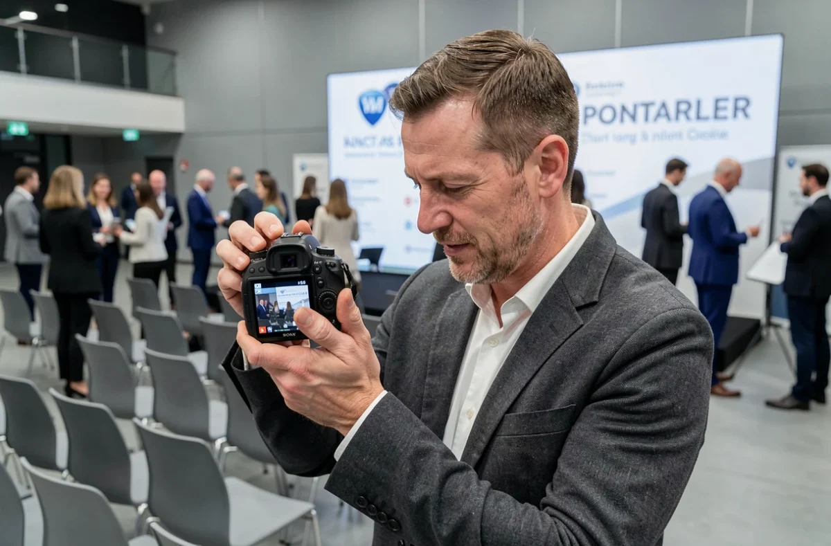 Photographe vérifiant ses clichés sur son appareil après une séance lors d'un événement corporate à Pontarlier