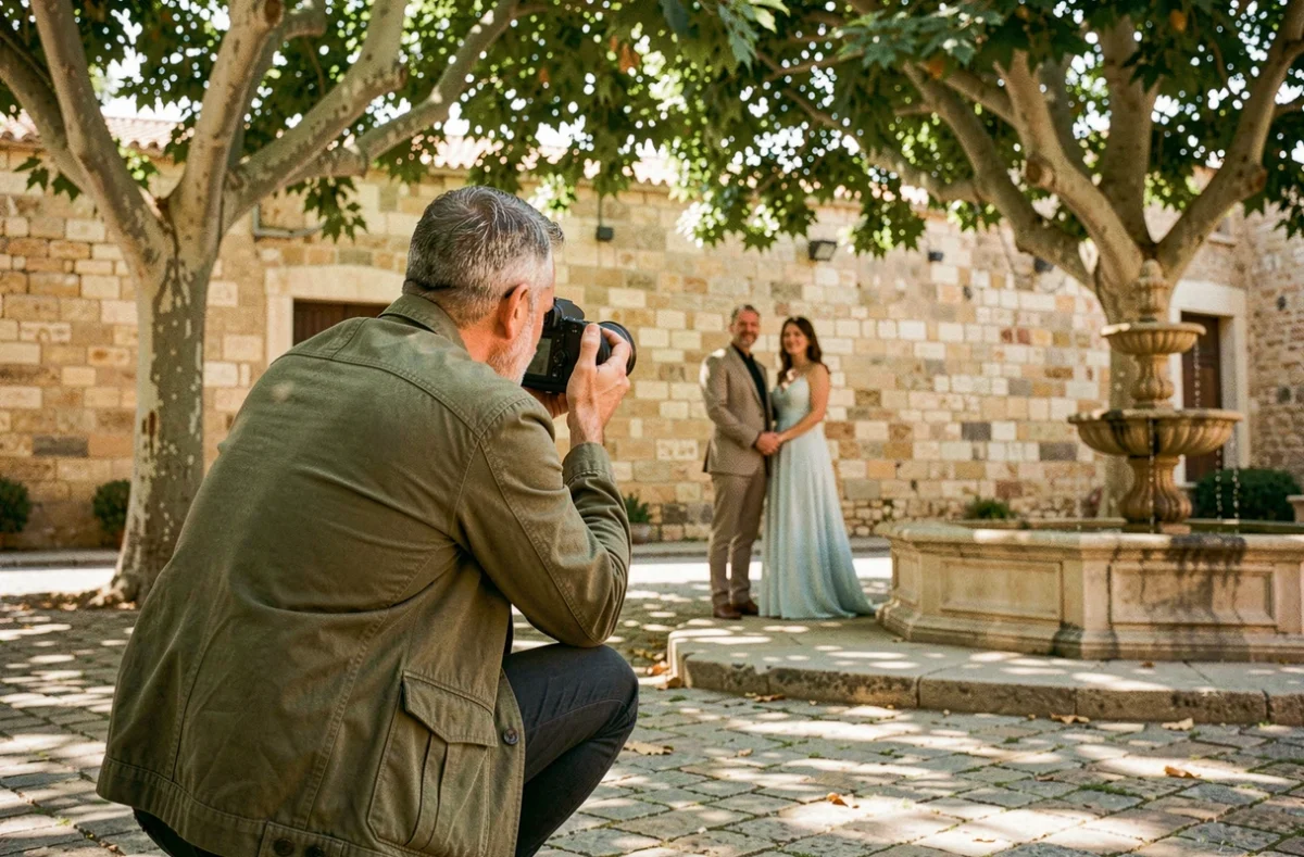 Photographe de couple en plein travail dans une place provençale à Martigues