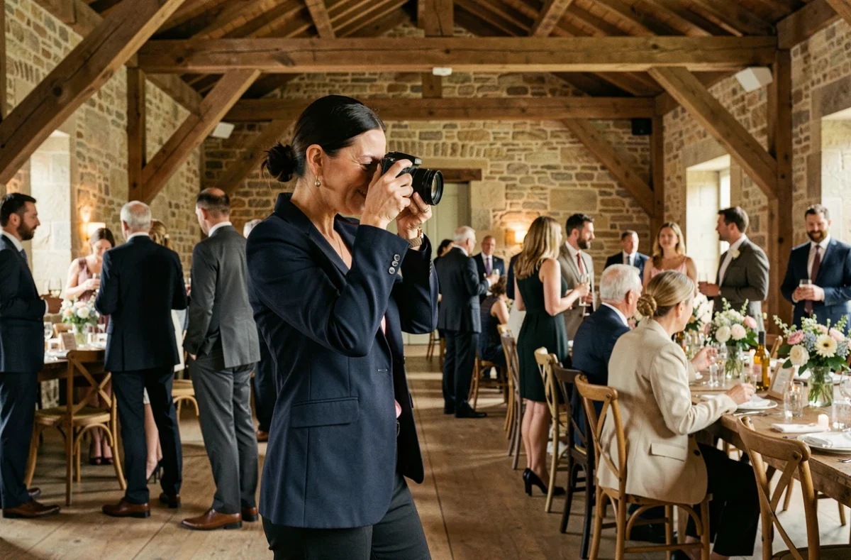 Photographe événementielle capturant des moments lors d'une réception intérieure dans une salle en pierre de Pontarlier