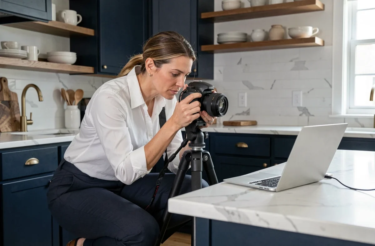 Photographe immobilière professionnelle en train de cadrer une cuisine rénovée avec son appareil photo sur trépied