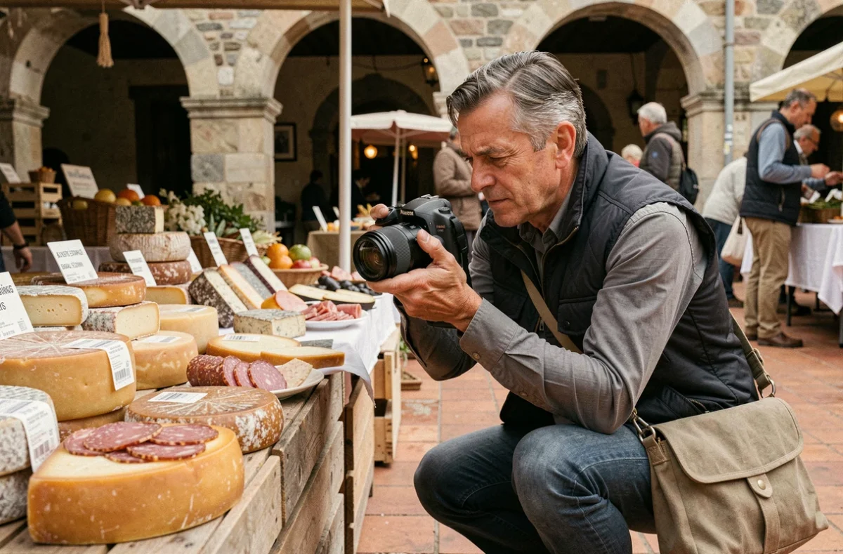 Photographe professionnel capturant les produits régionaux d'un marché en plein air à Aurillac