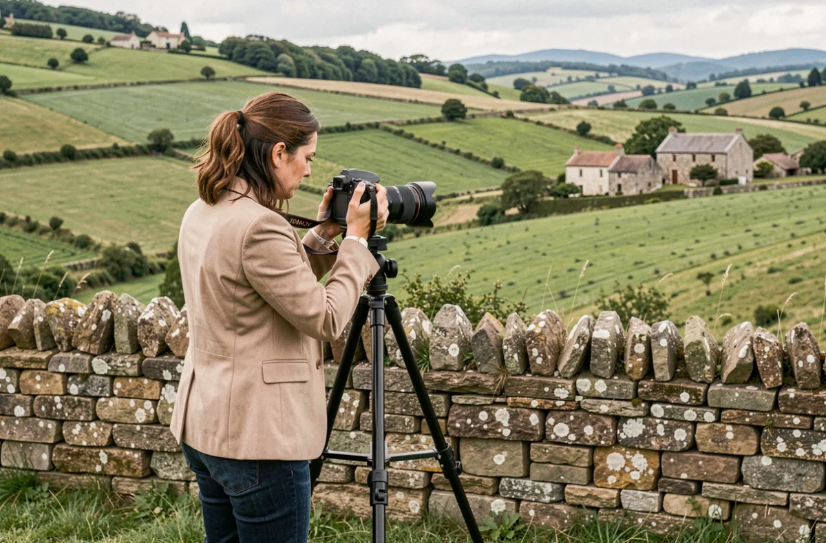 Photographe femme installant son trépied devant un paysage rural du Cantal proche d'Aurillac