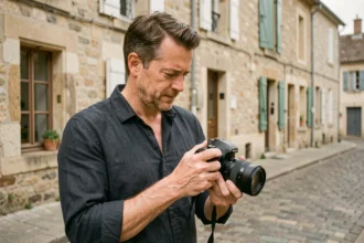 Photographe professionnel dans les rues pavées d'Aurillac tenant un appareil photo reflex