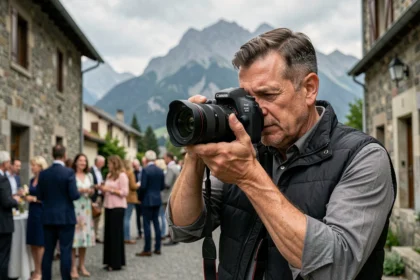 Photographe professionnel en action lors d'un événement en plein air à Pontarlier avec les montagnes du Jura en arrière-plan
