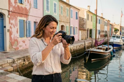 Photographe professionnelle à Martigues révisant ses photos près des maisons colorées du canal