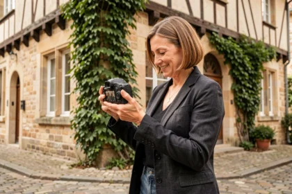 Photographe professionnelle consultant son appareil photo devant un bâtiment normand à Mont-Saint-Aignan