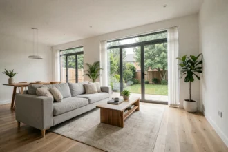 Salon moderne et lumineux mis en valeur pour une photographie immobilière professionnelle