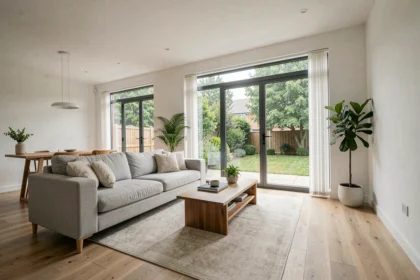 Salon moderne et lumineux mis en valeur pour une photographie immobilière professionnelle