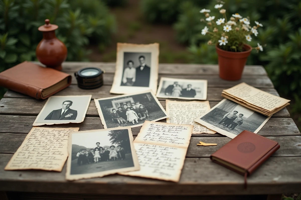 Collection de photos de famille vintage en noir et blanc avec lettres et passeport ancien sur table rustique